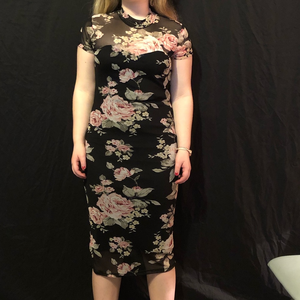 Black dress with pink roses